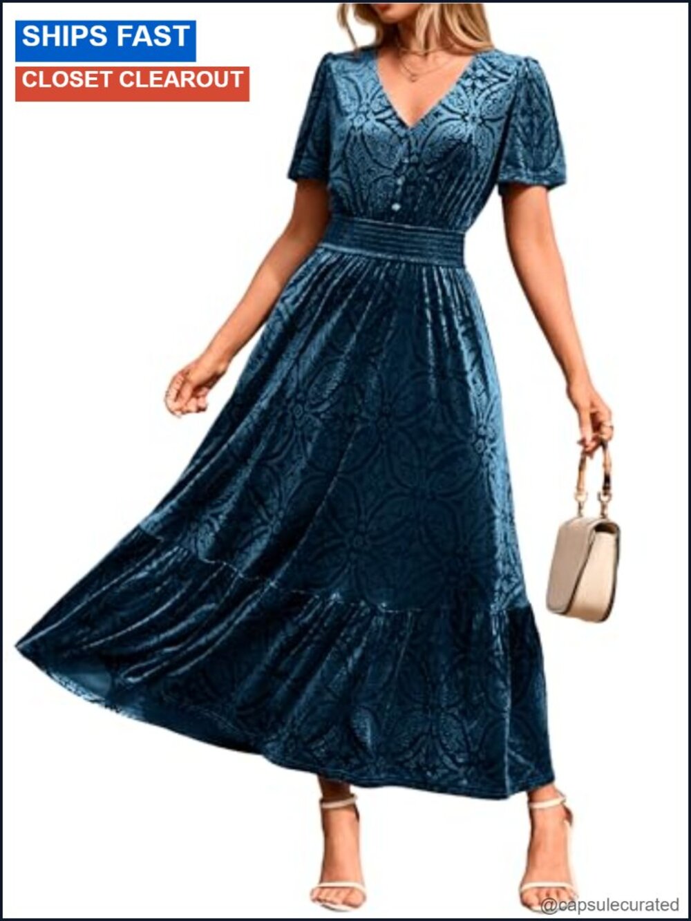 Velvet Maxi Dress Short Sleeve V Neck Floral Formal Wedding Guest